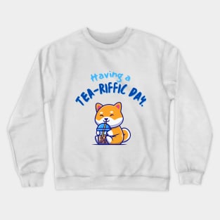 Shiba Drinking Boba Having a Tea-riffic Day Crewneck Sweatshirt